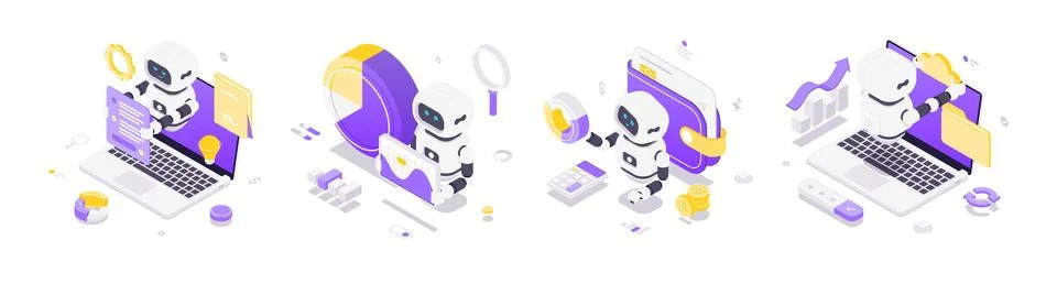 Isometric vector illustration featuring robots interacting with data, analyti Stock Illustration
