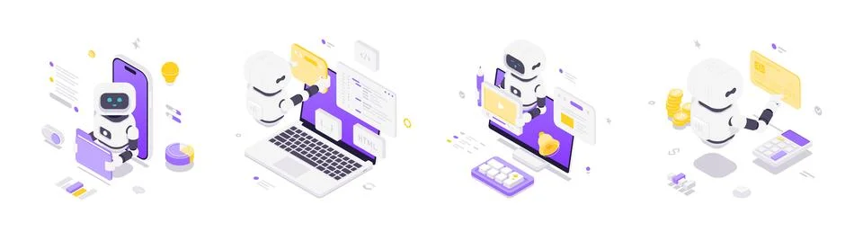 Isometric vector illustration featuring robots interacting with devices, arti 스톡 일러스트