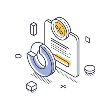 Isometric vector illustration of a financial report. Features a donut chart a 스톡 일러스트