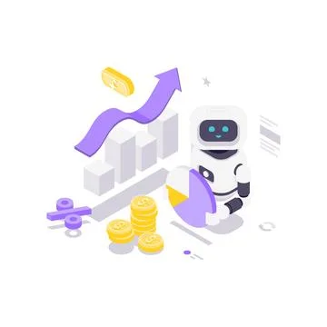 Isometric vector illustration for fintech and investment. AI robot analyzes f Stock Illustration