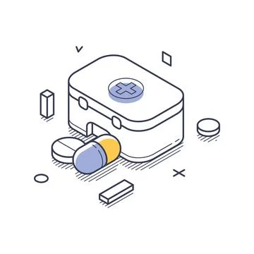 Isometric vector illustration of a first aid kit with medication. Represents  Stock Illustration