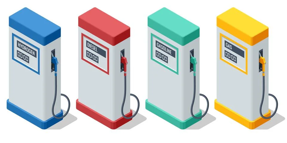 An isometric vector illustration of four distinct fuel pumps labeled hydrogen Stockillustratie