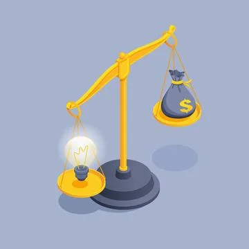 Isometric vector illustration on gray background, light bulb and bag with dol Stock Illustration