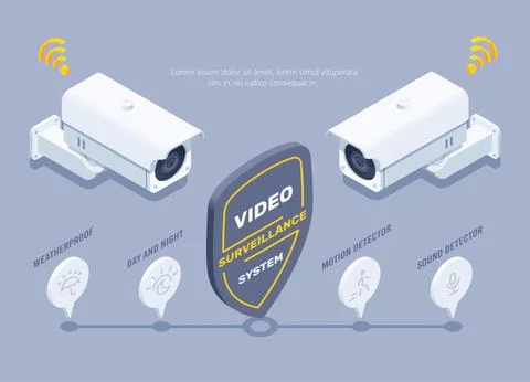 Isometric vector illustration on gray background, outdoor surveillance camera Stock Illustration