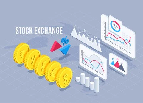 Isometric vector illustration on gray background, gold coins of different cou Stock Illustration