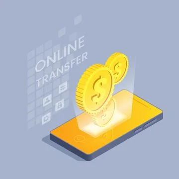 Isometric vector illustration on gray background, gold coins and smartphone,  Stock Illustration