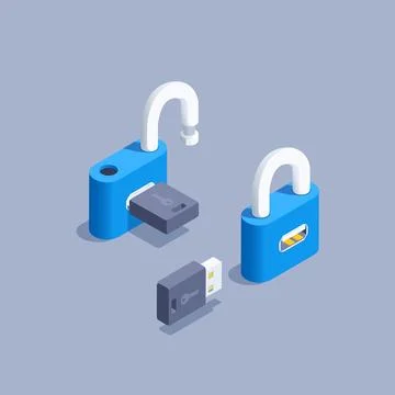 Isometric vector illustration on gray background, blue padlock and usb key Stock Illustration