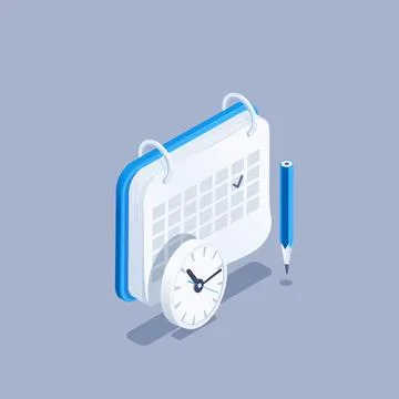 Isometric vector illustration on gray background, calendar with pencil and cl Stock Illustration