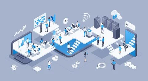 Isometric vector illustration on gray background, virtual office with working イラスト素材