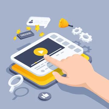 Isometric vector illustration on gray background, hand over tablet screen, wa Stock Illustration
