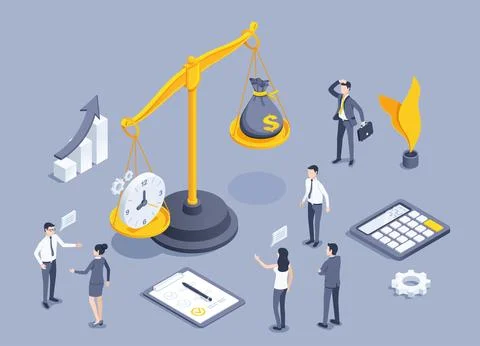 Isometric vector illustration on gray background, scales with clock and money 스톡 일러스트