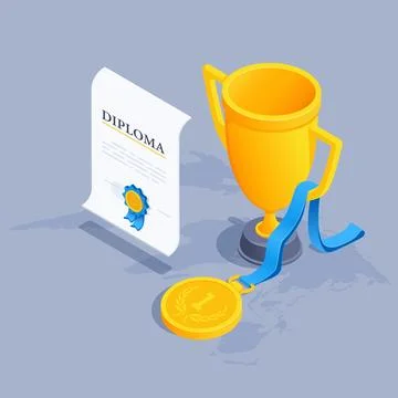 Isometric vector illustration on gray background, cup and gold medal next to  Stock Illustration