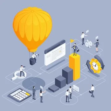 Isometric vector illustration on gray background, achievement of success, wom Illustrazione stock