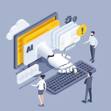 Isometric vector illustration on a gray background, the robot hand presses th Stock-Illustration
