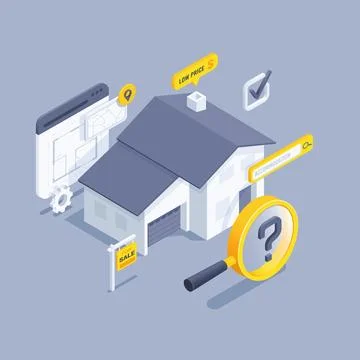 Isometric vector illustration on gray background, magnifier and house holding Stock Illustration