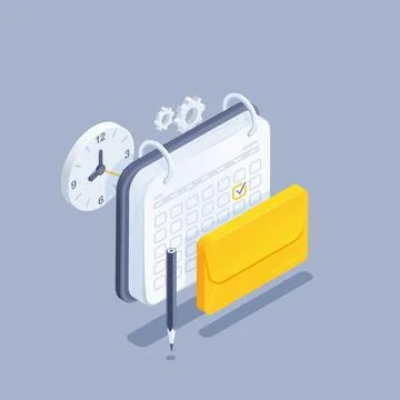 Isometric vector illustration on gray background, envelope next to calendar a Illustrazione stock
