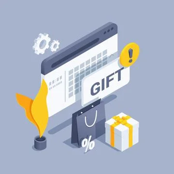 Isometric vector illustration on gray background, gift next to shopping bag a Stock Illustration