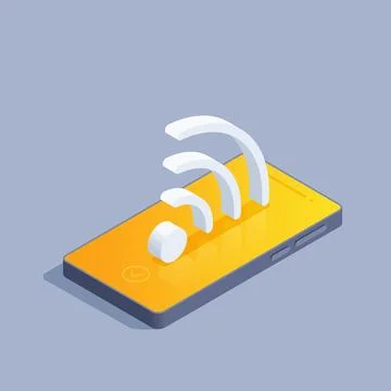 Isometric vector illustration on gray background, smartphone and signal icon, Stock Illustration