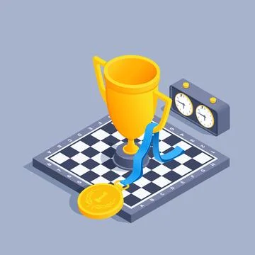 Isometric vector illustration on gray background, cup and medal on chessboard 스톡 일러스트