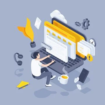 Isometric vector illustration on gray background, man working at laptop, prof 스톡 일러스트