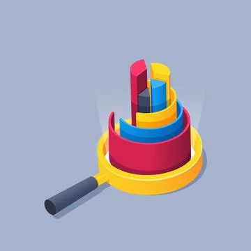 Isometric vector illustration on gray background, magnifier and charts, analy Stock Illustration
