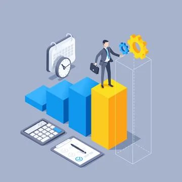 Isometric vector illustration on gray background, man in business suit with b イラスト素材