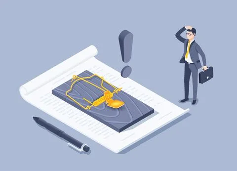 Isometric vector illustration on a gray background, a mousetrap on a document Stock Illustration