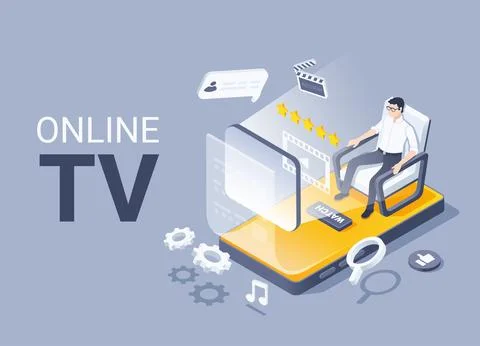 Isometric vector illustration on gray background, man in armchair on smartpho Stock Illustration