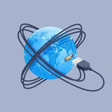 Isometric vector illustration on gray background, connecting cable to the glo Illustrazione stock