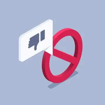 Isometric vector illustration on gray background, prohibited sign and dislike Illustrazione stock