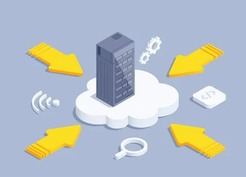 Isometric vector illustration on gray background, arrows pointing to cloud wi Illustrazione stock