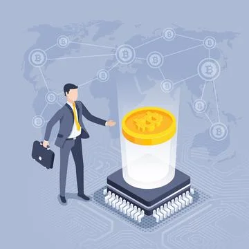 Isometric vector illustration on gray background, a man in a business suit st Stock Illustration