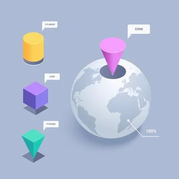 Isometric vector illustration on gray background, shapes in sphere, infograph 库存插图