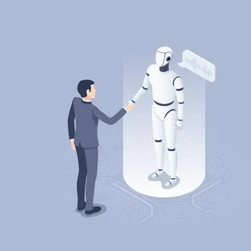 Isometric vector illustration on gray background, man and robot making handsh 스톡 일러스트