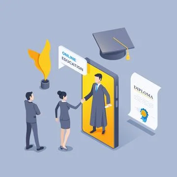 Isometric vector illustration on gray background, woman and man congratulate  Illustrazione stock
