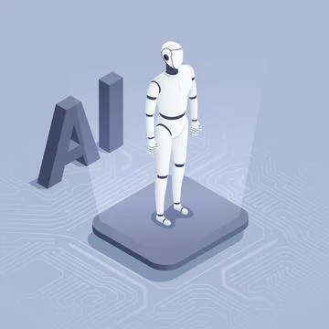 Isometric vector illustration on gray background, android robot stands on ele Stock Illustration