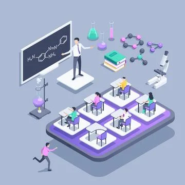 Isometric vector illustration on a gray background, the teacher at the blackb Stock Illustration
