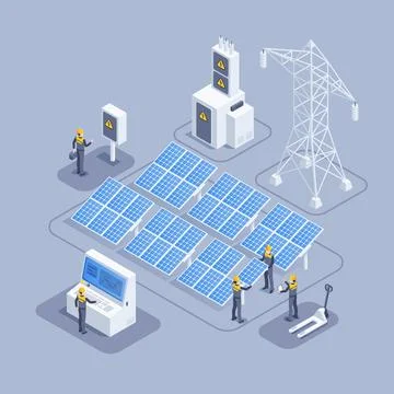 Isometric vector illustration on gray background, workers install and configu Stock Illustration