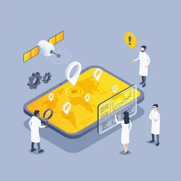 Isometric vector illustration on gray background, satellite over the world ma Illustrazione stock