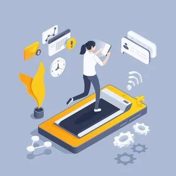 Isometric vector illustration on gray background, girl running on treadmill a Illustrazione stock
