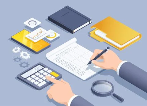 Isometric vector illustration on a gray background, a man in a business suit  Illustrazione stock