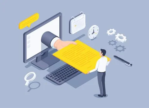 Isometric vector illustration on a gray background, a man passes a resume thr Stock Illustration