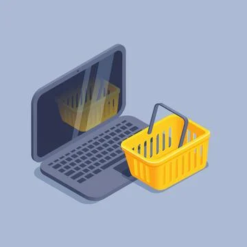 Isometric vector illustration on gray background, empty yellow shopping baske Stock Illustration