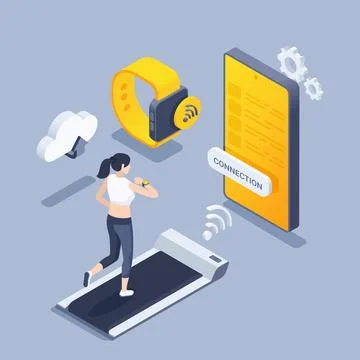 Isometric vector illustration on a gray background, sports technologies, a gi Stock Illustration
