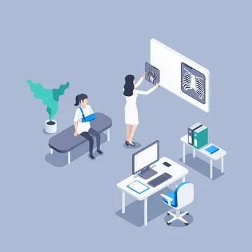 Isometric vector illustration on a gray background, a girl with a broken arm  Stock Illustration