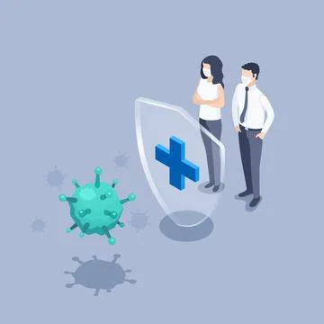 Isometric vector illustration on a gray background, a woman and a man stand b Stock Illustration