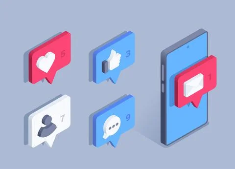 Isometric vector illustration on gray background, set of message on phone wit Illustrazione stock