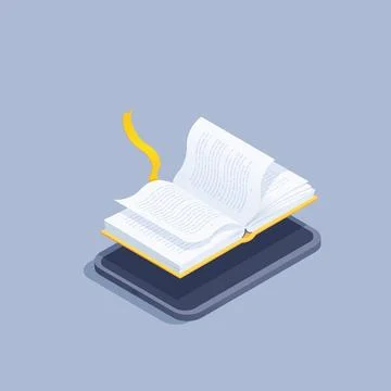 Isometric vector illustration on gray background, digital book, open book wit Illustrazione stock