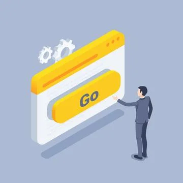 Isometric vector illustration on a gray background, button with the inscripti Illustrazione stock