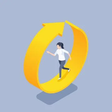 Isometric vector illustration on gray background, woman in round yellow arrow Ilustração Stock